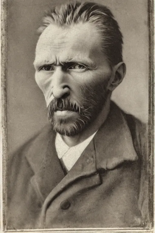 Image similar to a monochrome daguerrotype realistic, supersharp, photographic portrait of vincent van gogh, shallow depth of field