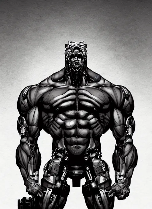 Prompt: full body portrait of an extremely muscular, very buff, huge mutant man with a creepy cybernetic mask. In style of Yoji Shinkawa and Hyung-tae Kim, trending on ArtStation, dark fantasy, great composition, concept art, highly detailed.