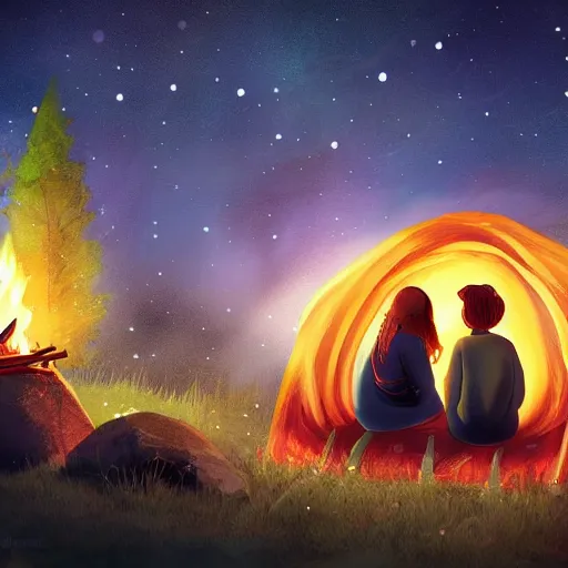 Prompt: guy and girl sitting beside cosy campfire at night, fantasy, hd 4k digital art, very detailed