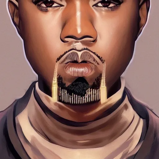 Prompt: kanye west, anime style, fashion clothing, shoulder eyes, last exile anime, symmetrical facial features, from arknights, hyper realistic, 4 k, rule of thirds, extreme detail, detailed drawing, trending artstation, realistic lighting, by alphonse mucha, greg rutkowski, short neck