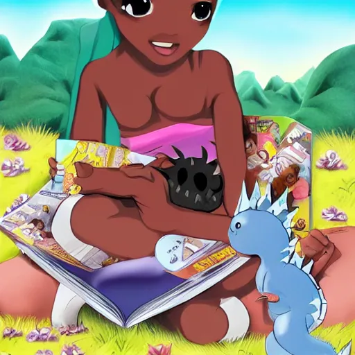 Prompt: Dark skinned girl pets Chibi Godzilla, children's book