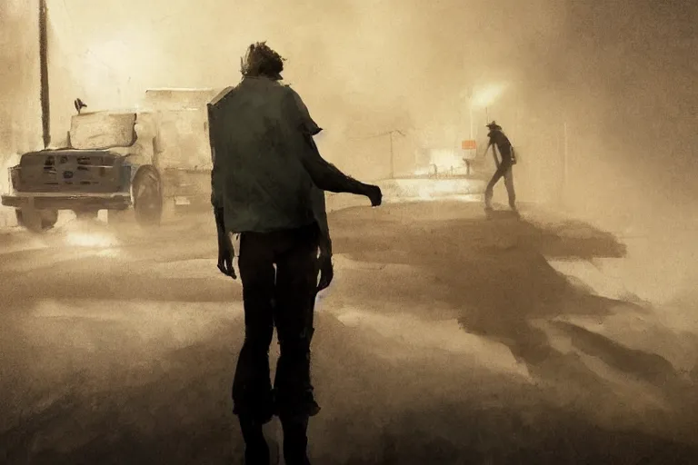 Image similar to epic concept art of an approaching truck and a man standing still. close - up man in foreground. backlight. rim light, strong contrast. by ashley wood and j. m. w. turner, speed painting, photo bash, cinematic angle, super detailing, strong perspective, traffic accident, haze over the shoulder shot