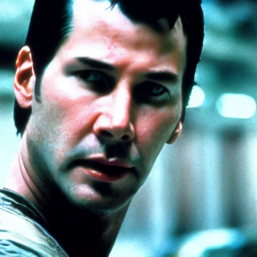 Image similar to A young Keanu reeves as Rick Deckard on blade runner 1982, movie still, in color, movie frame, detailed face, symmetrical face, 4k,