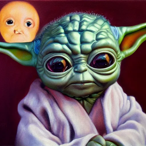 Image similar to a realistic oil painting of baby yoda as a cybernetic cyborg, surrealism portrait, surrealism album cover