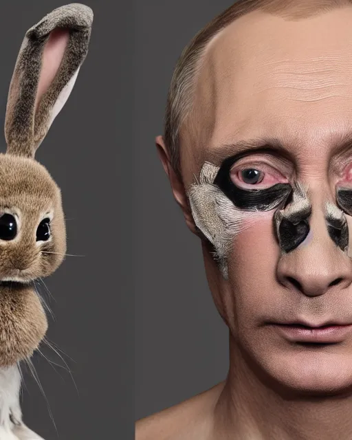 Prompt: headshots of vladimir putin sitting in a makeup chair wearing highly detailed rabbit prosthetic makeup in the style of rick baker, vladimir has long rabbit ears, rabbit fur, rabbit snout, studio lighting, soft focus