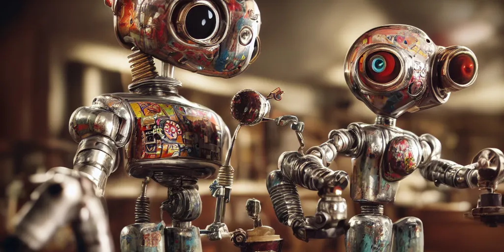 Image similar to closeup portrait of tin toy retro robot artist painting in a workshop, depth of field, zeiss lens, detailed, centered, fashion photoshoot, by nicoletta ceccoli, mark ryden, lostfish, breathtaking, 8 k resolution, extremely detailed, beautiful, establishing shot, artistic, hyperrealistic, octane render