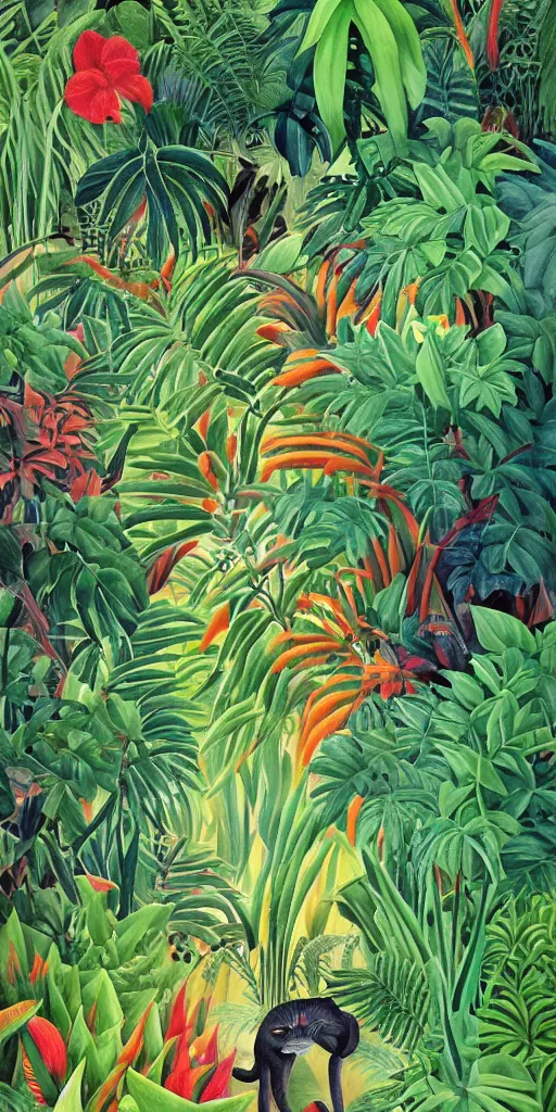 Image similar to deep in the jungle with exotic plant life, colorful tropical plants, natural botanical gardens, vines along the jungle floor, a panthers eyes staring at the camera, acrylic painting by henri rousseau and james jean, artstation, concept art, award winning,