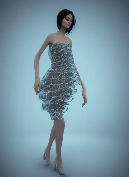 Prompt: A beautiful fashion model wearing a jelly fish dress, 3D Fashion, Professional Fashion, Octane Render, Trending on ArtStation, Aesthetic, Studio Quality Lighting