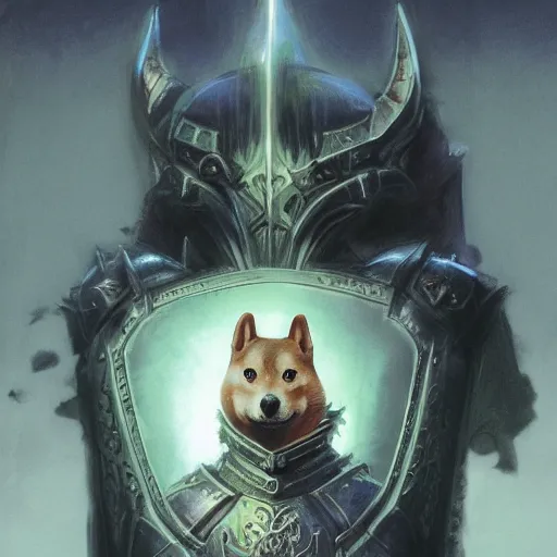 Image similar to wearing gothic 2 paladin armor, anthropomorphic shiba inu, shiba inu face, stuning 3 d render, masterpiece, glowing aura, by donato giancola and greg rutkowski and wayne barlow and zdzisław beksinski, realistic face