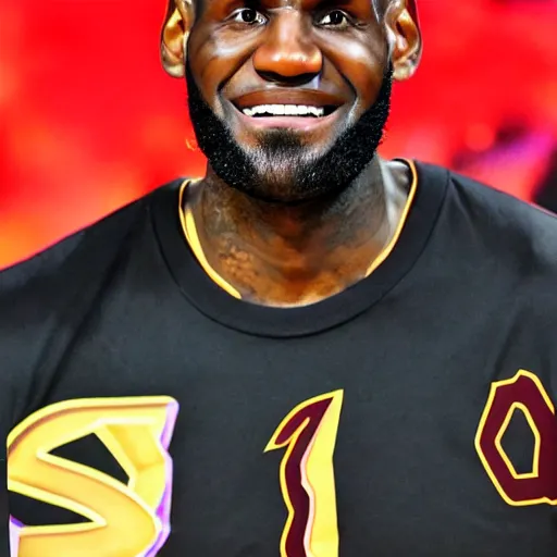 Image similar to Lebron James smirking with devil horns, fire in the background,