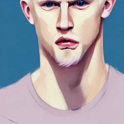 Image similar to thin blond man with blond hair long on top short down the sides, blond beard, small chin, thin nose, thin lips, english heritage, small blue eyes, small ears, pale skin, narrow face, digital art, painterly, cartoon, cute, 8k, illustration, art by loish, painterly, trending on artstation, medium shot, uncropped