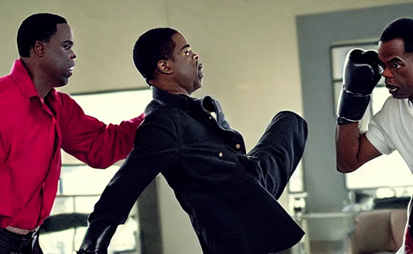 Image similar to movie still of prince of bell air punching chris rock in the face