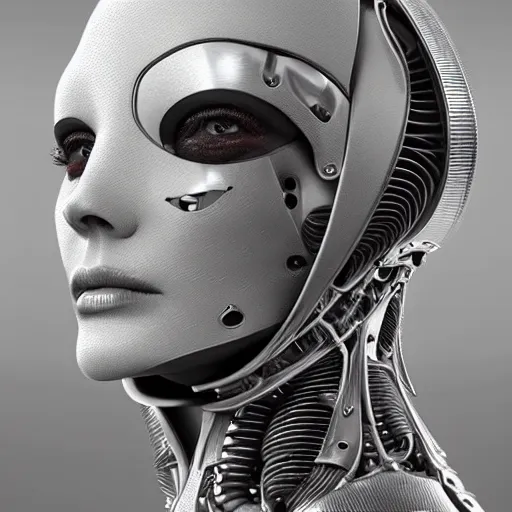 Image similar to a ultradetailed portrait of a white one cast futuristic biomechanic cyborg with mechanical elements for face, carbon fibre and nanotube elements, futuristic, 8 k, dramatic light, digital painting by hr giger, octane render