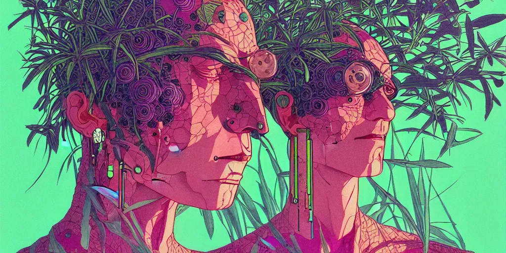 Image similar to risograph grainy drawing futuristic sci - fi antagonist face wearing earrings, photorealistic colors, face covered with plants and flowers, by moebius and satoshi kon and dirk dzimirsky close - up portrait, hyperrealistic