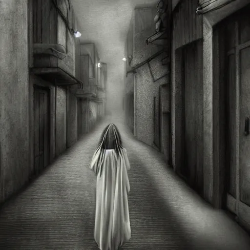 Image similar to Tall scary woman dressed in white dress grabbing a scared child wearing from behind in a dark alley, scary atmosphere,gloomy lighting, digital art , highly detailed , high contrast, beautiful lighting, award winning , trending on art station, 8k, photo realistic