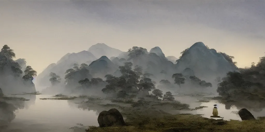 Prompt: a beautiful water color and ink painting of a large landscape, with a chinese temple, streams and rocks, at dawn, emerging sun and hills on the horizon some light fog by lee madgwick or caspar david friedrich or edouard manet, trending on artstation