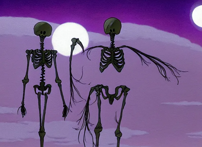 Image similar to a still from a studio ghibli movie of a purple cloaked skeleton necromancer from moomin ( 1 9 9 7 ), in front of a pale full moon, full body, wide shot, very dull muted colors, studio ghibli, highly detailed, deviantart, art by artgem