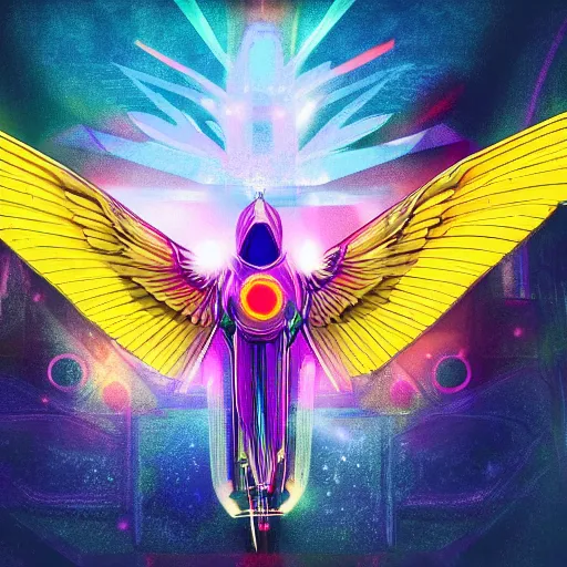 Image similar to multicolored open wings, a big yellow star below, an open eye in its center, space in the background, cyberpunk, details visible, digital art