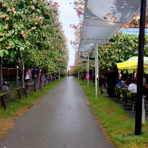 Image similar to the boulevard of broken dreams. The people have kiwifruit instead of heads