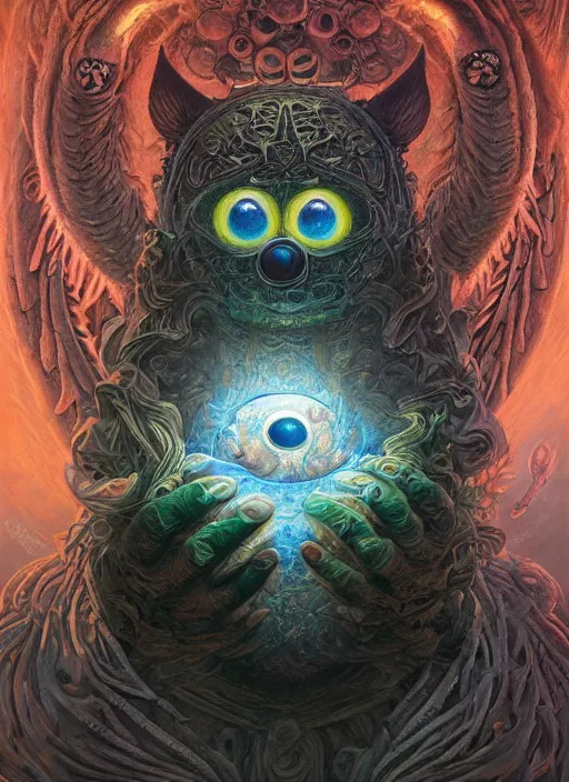 Image similar to cookie monster glowing eyes, shamanic poster lsd art, intricate, elegant, highly detailed, centered, digital painting, artstation, concept art, smooth, sharp focus, illustration, artgerm, tomasz alen kopera, peter mohrbacher, donato giancola, joseph christian leyendecker, wlop, frank frazetta