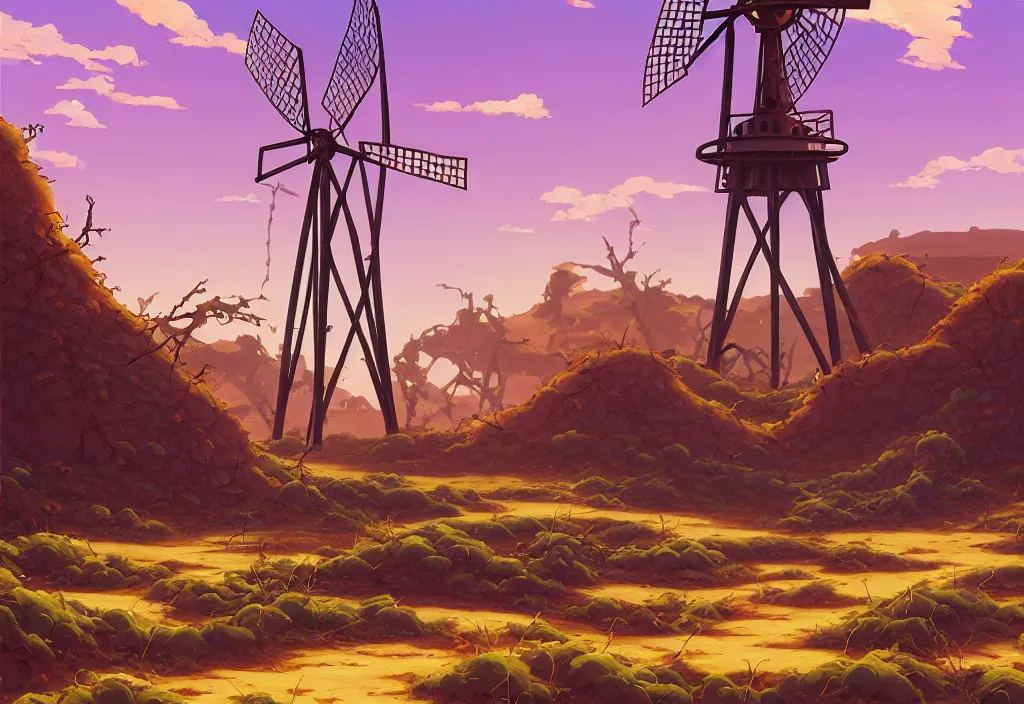 Prompt: rusty windmill in the desert with chubby vines, dead trees and puddles in the foreground, intricate oil painting, high detail illustration, sharp high detail, manga and anime 1 9 9 9, official fanart behance hd artstation by jesper ejsing and makoto shinkai, 4 k,