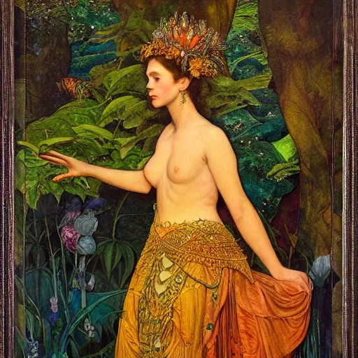Prompt: portrait of the queen of the forest in full regalia, by Annie Swynnerton and Diego Rivera and Tino Rodriguez and Maxfield Parrish and Nicholas Roerich, elaborately costumed, rich color, dramatic cinematic lighting, extremely detailed