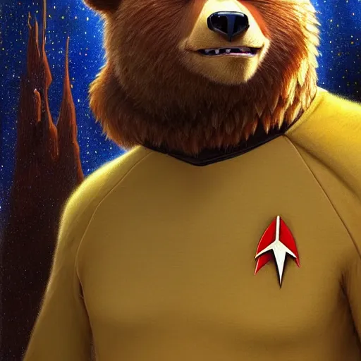 Prompt: a portrait of a bear bearman in a starfleet uniform star trek chief engineer. zootopia fursona furaffinity furry art detailed face highly detailed painting by gaston bussiere craig mullins jc leyendecker gustav klimt artgerm greg rutkowski furry