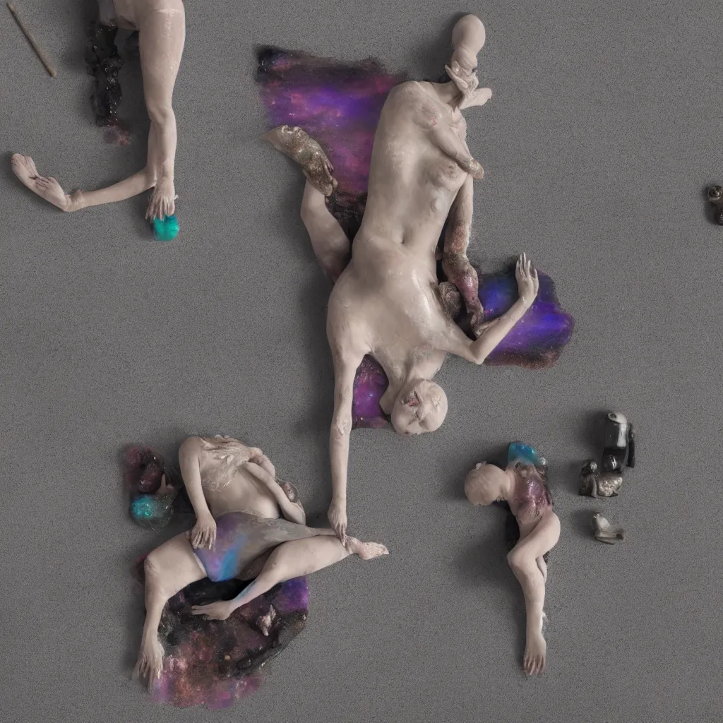 Prompt: overhead view of iridiscent oil slick and eroded stones and organs in wax with a woman's corpses connected by a transparent pipe to a baby buried relaxing on yoga mat, faded, gradient, fog, smoke, depth of field, ultra realistic, very detailed, glitch, by nadav kander and hans bellmer, 8 k hyper realistic detailed cinematic