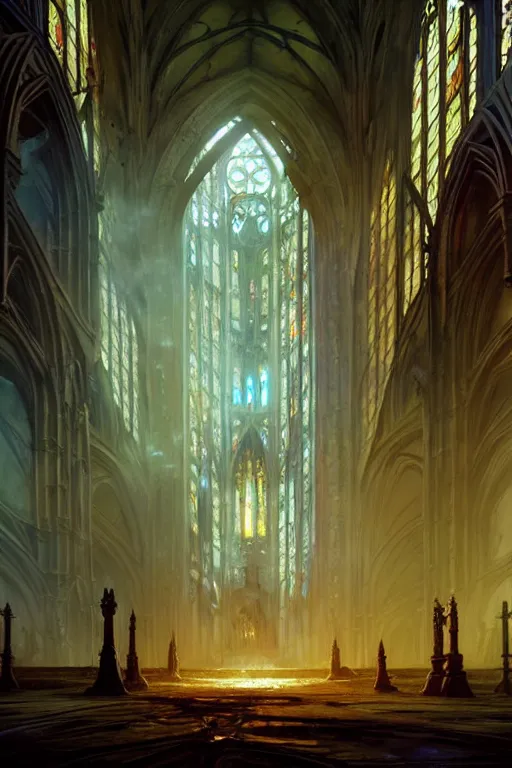 Prompt: abandoned cathedral. hellscape. fantasy concept art. moody epic painting by james gurney, and alphonso mucha. artstationhq. painting with vivid color. ( dragon age, witcher 3, lotr ) by greg rutkowski, giger, maxim verehin