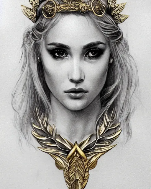 Image similar to front view of beautiful aphrodite greek goddess wearing a gold laurel wreath and triangle earrings, realism tattoo sketch, beautiful piercing eyes with sharp pupils, beautiful blonde hair, in the style of greg rutkowski, fantasy, amazing detail, epic, elegant, smooth, sharp focus, super model