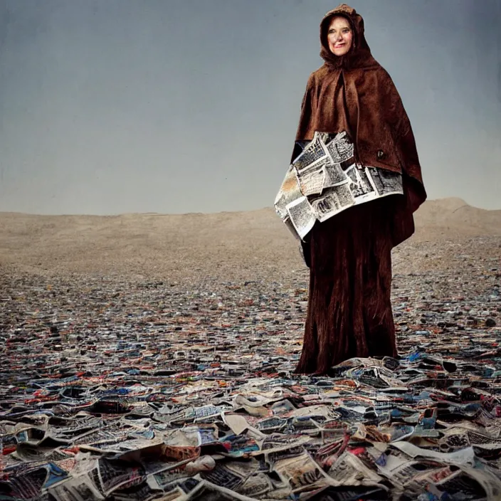 Image similar to closeup portrait of a woman with a hood made of newspaper and confetti, standing in a desolate apocalyptic landscape, by Annie Leibovitz and Steve McCurry, natural light, detailed face, CANON Eos C300, ƒ1.8, 35mm, 8K, medium-format print