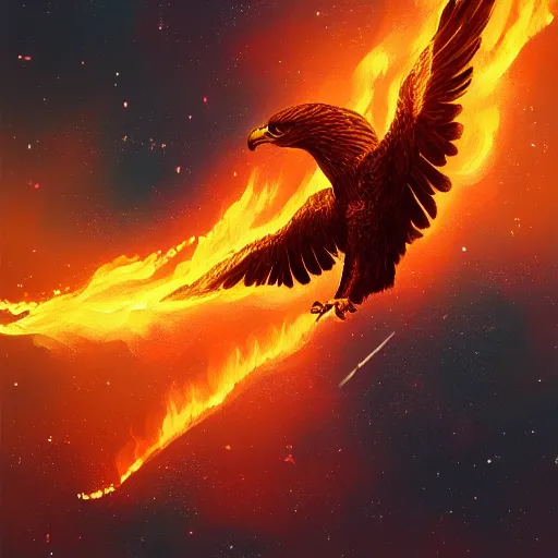 Image similar to eagle on fire in space, painting, Artstation