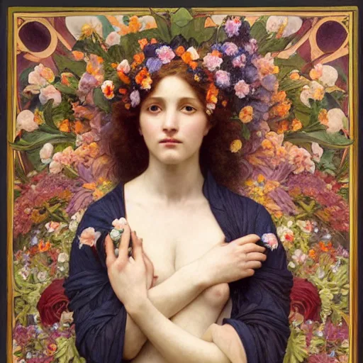 Image similar to queen of flowers, by annie swynnerton and charlie bowater and william - adolphe bouguereau, nicholas roerich and jean delville and evelyn de morgan, dramatic lighting, floral tattoos, rich colors, smooth sharp focus, extremely detailed, donato giancola, adolf wolfli