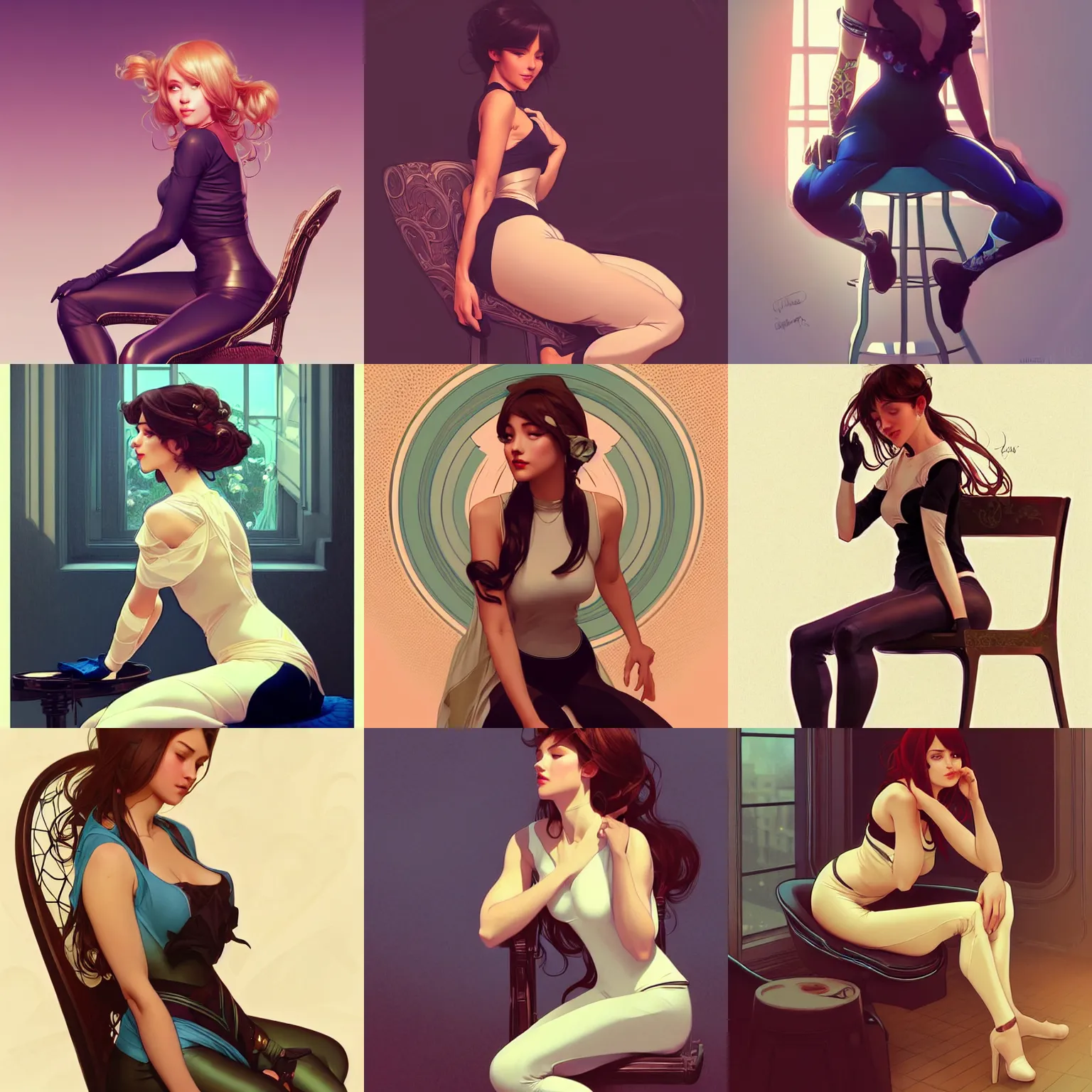 Prompt: gorgeous woman sitting in a chair wearing leggings. highly detailed, digital painting, artstation, concept art, smooth, sharp focus, illustration, art by artgerm and alphonse mucha, high definition digital art, in the style of ilya kuvshinov and Ross tran