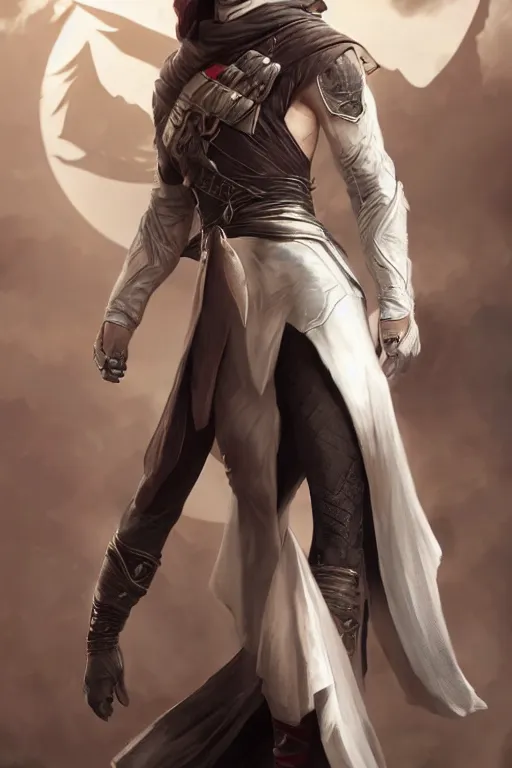 Prompt: characters portrait of MoonKnight mixed with AssassinCreed by ArtGerm and Tom Bagshaw, merged character, Full body shot, cinematic opening shot, 4k, highly detailed, cinematic lighting