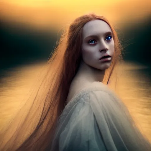 Prompt: photographic portrait of a stunningly beautiful english wraith renaissance female in soft dreamy light at sunset, beside the river, soft focus, contemporary fashion shoot, hasselblad nikon, in a denis villeneuve and tim burton movie, by edward robert hughes, annie leibovitz and steve mccurry, david lazar, jimmy nelsson, extremely detailed, breathtaking, hyperrealistic, perfect face