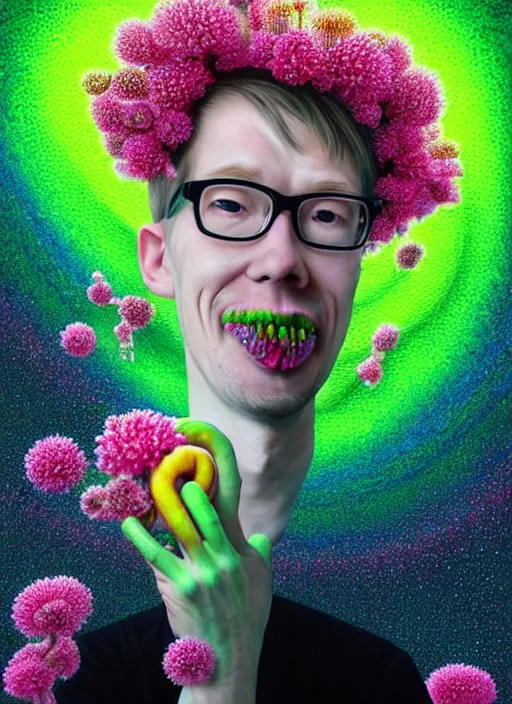 Image similar to hyper detailed 3d render like a Oil painting - kawaii portrait of Hank Green in Aurora (Singer) seen Eating of the Strangling network of yellowcake aerochrome and milky Fruit and Her delicate Hands hold of gossamer polyp blossoms bring iridescent fungal flowers whose spores black the foolish stars by Jacek Yerka, Mariusz Lewandowski, Houdini algorithmic generative render, Abstract brush strokes, Masterpiece, Edward Hopper and James Gilleard, Zdzislaw Beksinski, Mark Ryden, Wolfgang Lettl, hints of Yayoi Kasuma, octane render, 8k