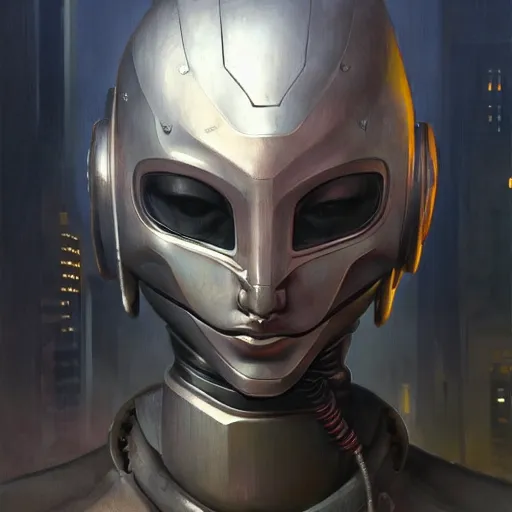 Image similar to detailed character concept art portrait of a masked robot in a city, trending on artstation, award - winning video game concept art by jim burns and greg rutkowski, beksinski, a sci - fi concept art masterpiece, james gilleard, bruegel, alphonse mucha, and yoshitaka amano.