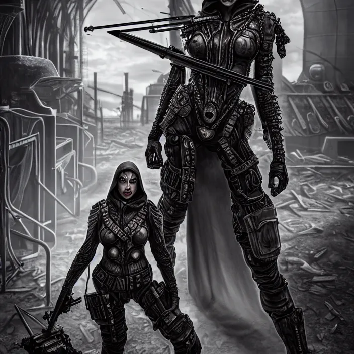 Prompt: apocalyptic woman in hood standing in hall of machinery and weaponry, hyper - detailed, smooth, sharp focus, 4 k ultra hd, fantasy dark art