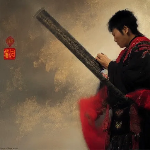 Image similar to a chinese warrior in black robes with red elements playing flute, beautiful composition, by ruan jia and wlop