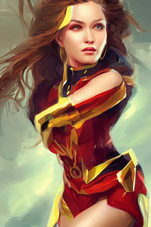 Image similar to three quarters portrait of a beautiful woman,super hero costume,heroic pose,highly detailed, digital painting,illustration, art by Stanley Lau