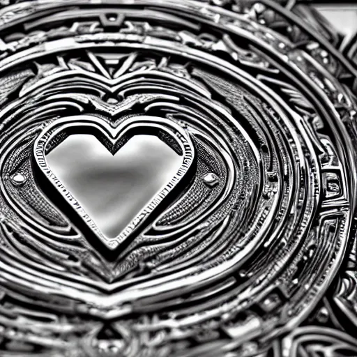 Image similar to a chrome carved heart, highly detailed, intricate artwork, graphic style of Patrick Gleason very coherent symmetrical artwork, depth of field, bokeh