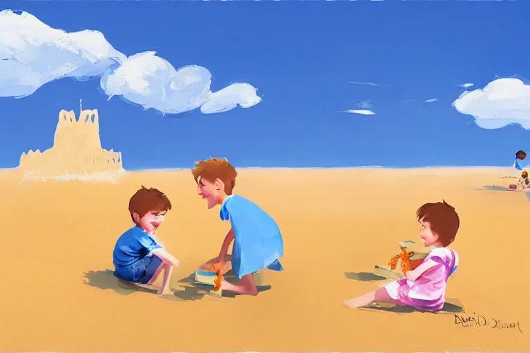 Prompt: Two happy children sitting on the beach making sandcastles, blue sky, HD, concept art, illustration by Benji Davies