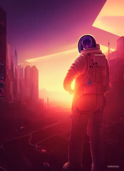 Image similar to An aesthetic Astronaut in a cyberpunk city during a sunset , extremely detailed digital painting, mystical colors, rim light, beautiful Lighting, 8k, stunning scene, raytracing