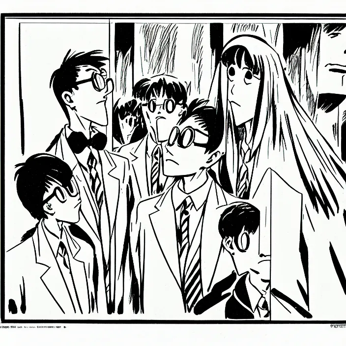 Image similar to a still frame from comic strip, neon genesis evangelion 1 9 5 0, herluf bidstrup, new yorker illustration, monochrome contrast bw, lineart, manga, tadanori yokoo, simplified,