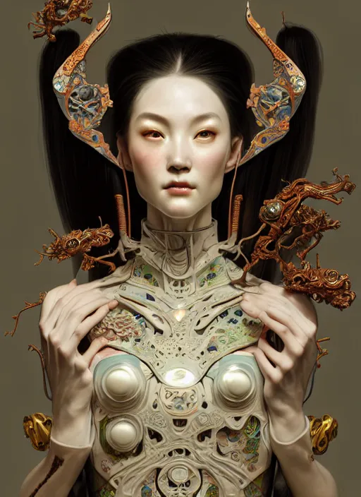 Prompt: organic cyborg, ming dynasty porcelain, diffuse lighting, fantasy, intricate, elegant, highly detailed, lifelike, photorealistic, digital painting, artstation, illustration, concept art, smooth, sharp focus, art by John Collier and Albert Aublet and Krenz Cushart and Artem Demura and Alphonse Mucha