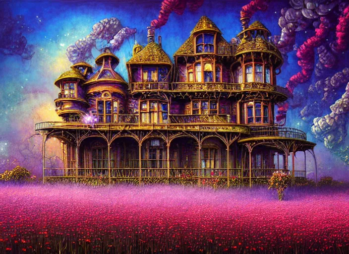 Image similar to a beautiful painting of a large steampunk house shrouded by mystic nebula magic in a field of flowers by moebius and android jones, oil on canvas sharp, details, hyper - detailed, hd, hdr, 4 k, 8 k