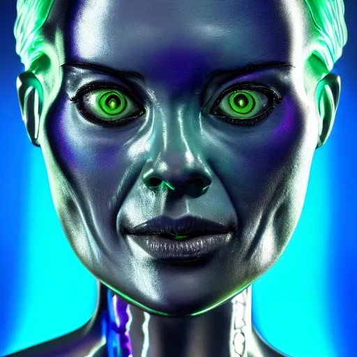 Prompt: hyperrealistic ultra detailed rococo cyborg woman with pearlescent blue skin wayne barlowe very dramatic green neon lighting on one side wide angle 35mm shallow depth of field 8k