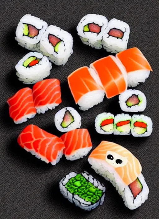 Image similar to clear photorealistic picture of adorable cats made out of sushi