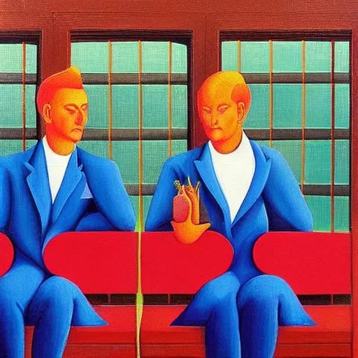 Prompt: “a vibrant painting of two detailed, symmetrical! beautiful men, one man is blond, the other man has dark hair, sitting far apart in an empty gate at the airport, on both sides of an empty row of chairs, reading thick old books. In the style of Rene Magritte, a sense of melancholy”